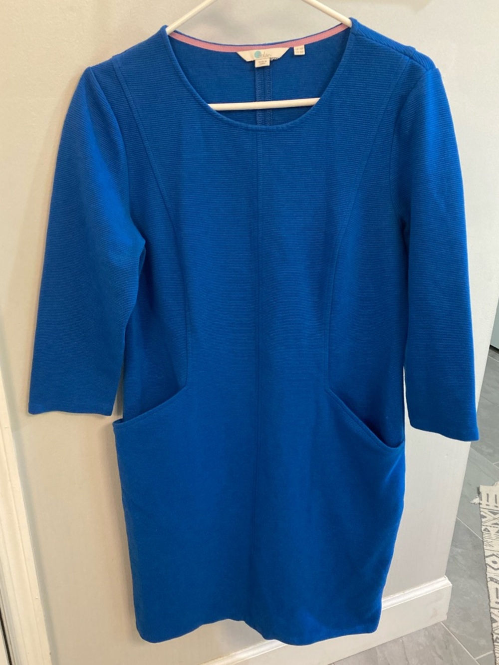 Boden Ellen Ottoman Blue Ribbed Knee Length Shift Dress 3/4 Sleeve Sz 10